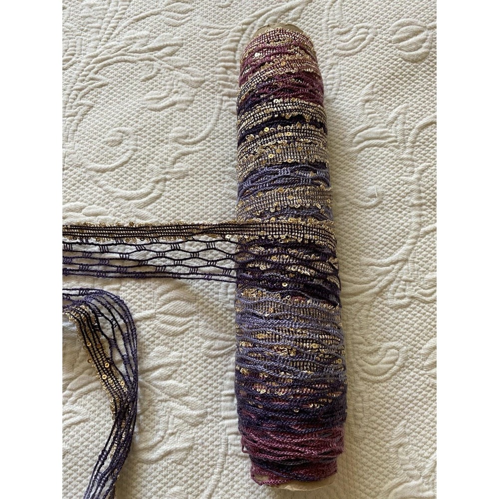 Purple Gold Sequin Mesh Ribbon Trim Lace DIY Sewing Craft Vintage 24 yrds